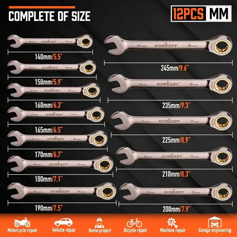 HORUSDY 12Pc Ratchet Spanner Set Metric Wrench Spanners ‎‎Nickel Plating 8-19MM