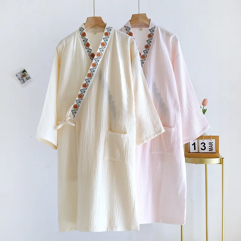 

Spring Summer Autumn Thin 100% Cotton Bubble Cotton Wrinkled Gauze Antique Hanfu Embroidery Long Sleeve Bathrobe Nightgown Women