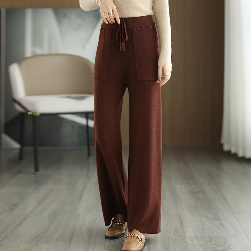 Calça merino feminina de malha, cintura alta simples, calça de caxemira, malha grossa, senhora do escritório, outono, inverno