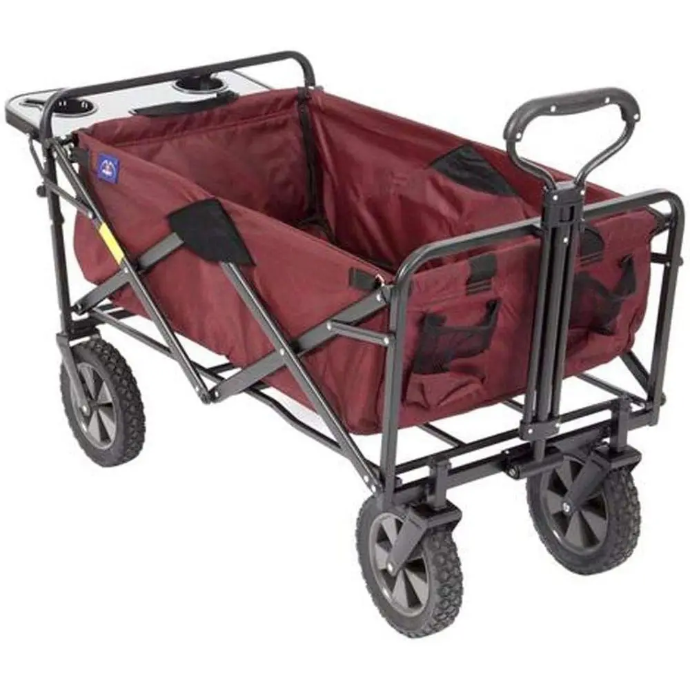 Folding Outdoor Utility Wagon with Folding Table and Drink Holders, Maroon