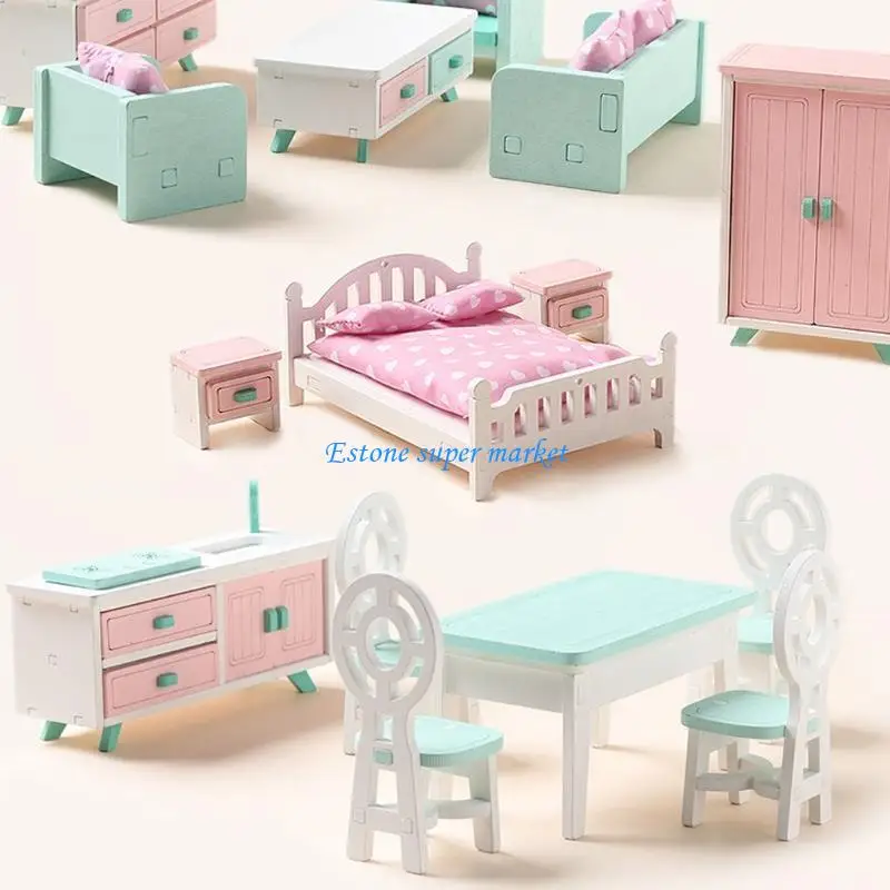Mini chambre à coucher en bois, salon, salle à manger, accessoires, jouets pour enfants, cadeau, 090B