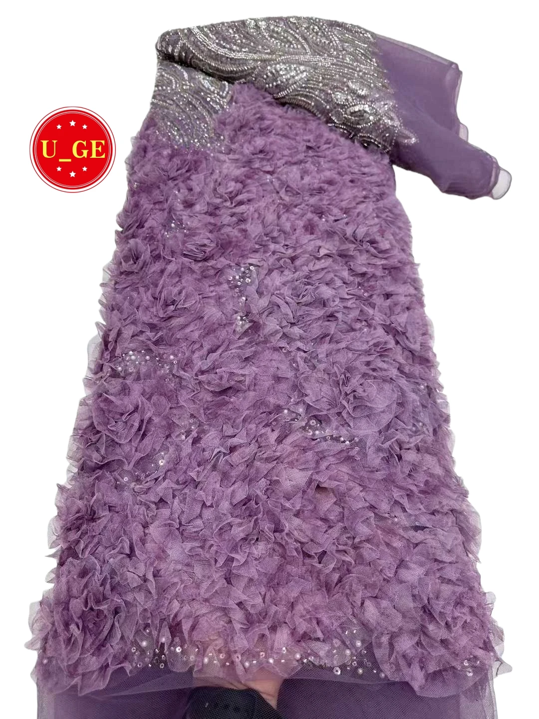 

2026 Популярная роскошная мягкая шифоновая кружевная ткань с подолом и сверкающими камнями — идеально подходит для свадебных платьев U_Ge9568