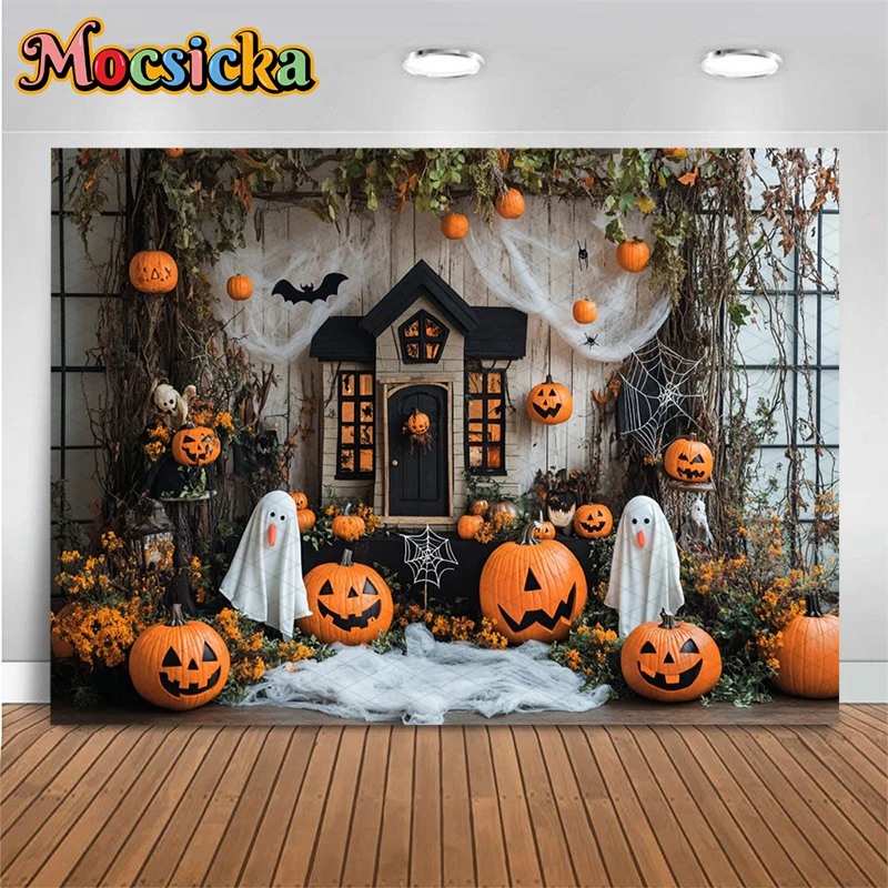 Mocsicka Halloween House Backdrop Photography Children Kid Autumn Pumpkin Party Background Bat Imp Ghost Spider Web Decor Banner