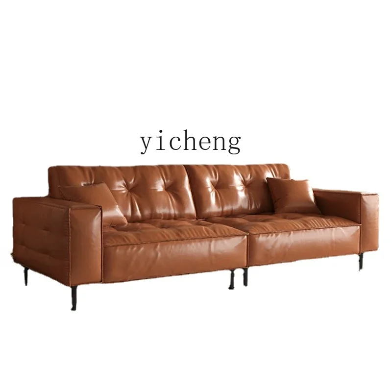 ZZc Retro Pull Buckle Oil Wax Leather Sofa Living Room Antique Style Small Apartment Straight Row Brown