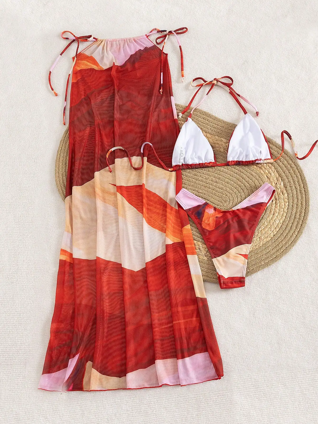 

3pcs Tie Dye Print Bikini Set With Halter Neck And Mesh Skirt Sexy Beach Vacation Outfit