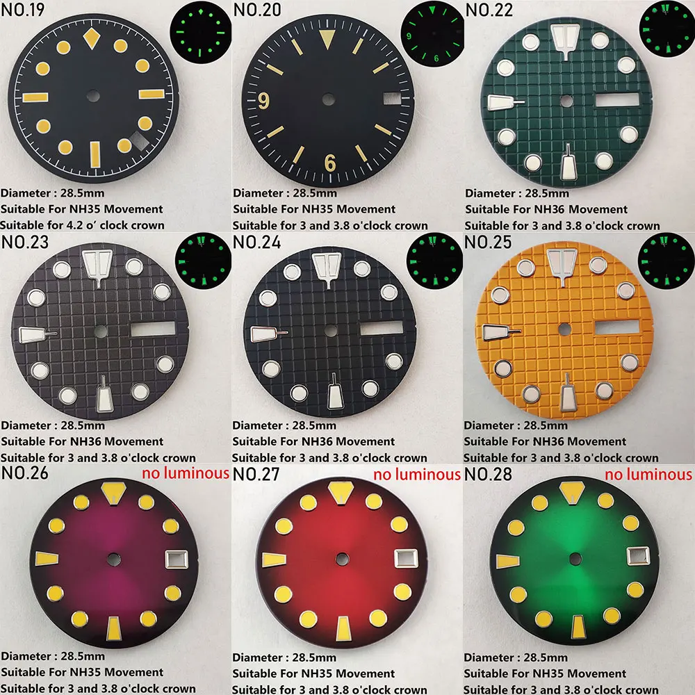 28.5mm 29mm Watch dial custom logo sterile dial green glow NH35NH36 dial suitable for NH35 NH36 movement Watch replacement parts