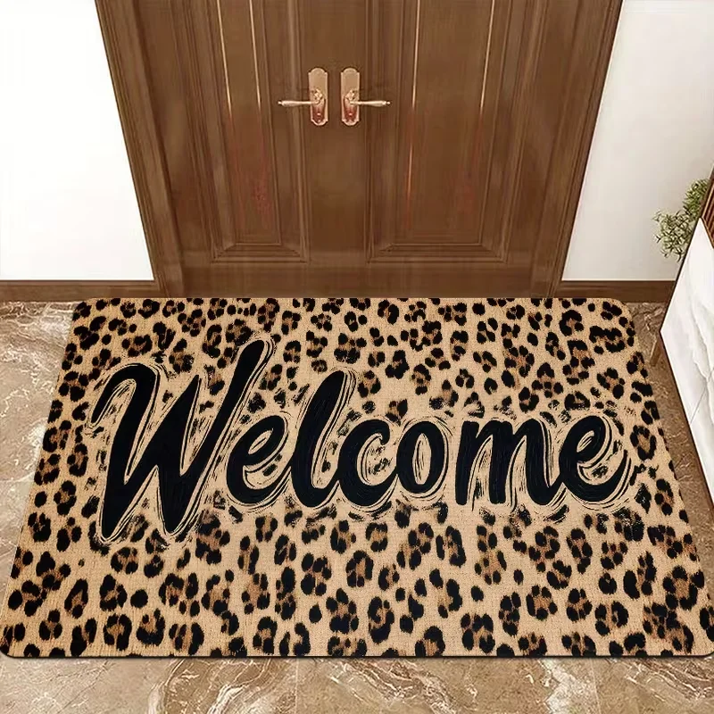 Faux Fur Leopard Print Doormat, NonSlip Entrance Rug for Home, Chic Animal Pattern Mat for Kitchen Bedroom Hallway Entryway