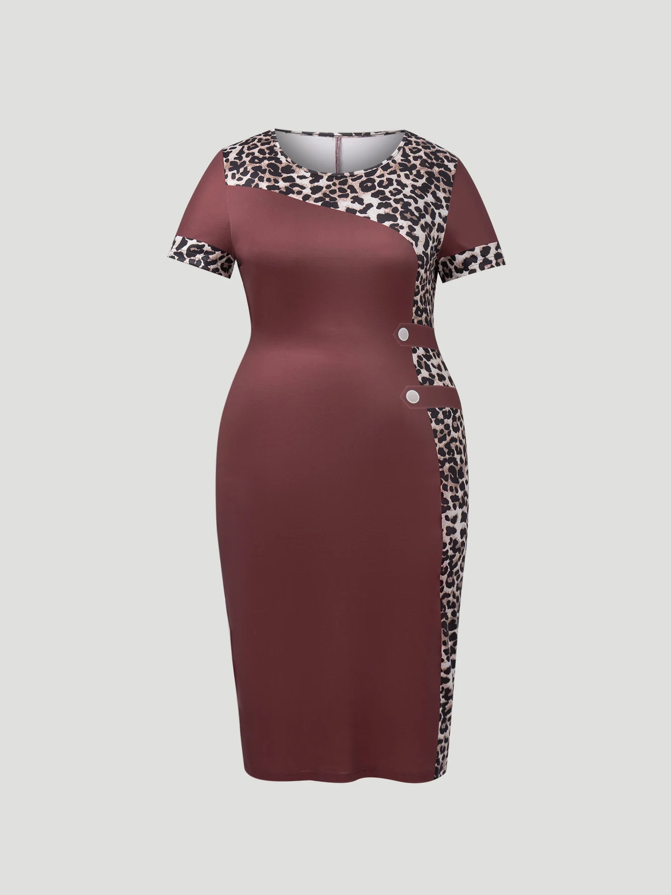 Damen Übergröße Kleid Rundhals Leopardenmuster Patchwork Kurzarm Bodycon Midikleid Elegantes Frühling Sommer Schickes Partykleid – Detail 8
