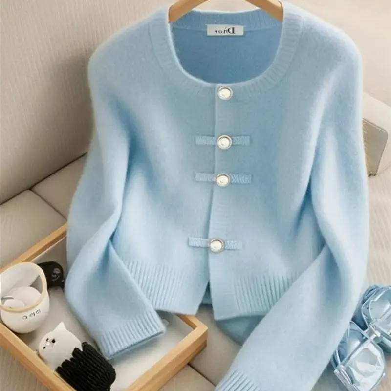 Limiguyue Sky Blue Wool Knit Cardigan Women Retro Buckle Cashmere Knitted Sweater Lazy Style O-neck Knitwears Autumn Winter 621P