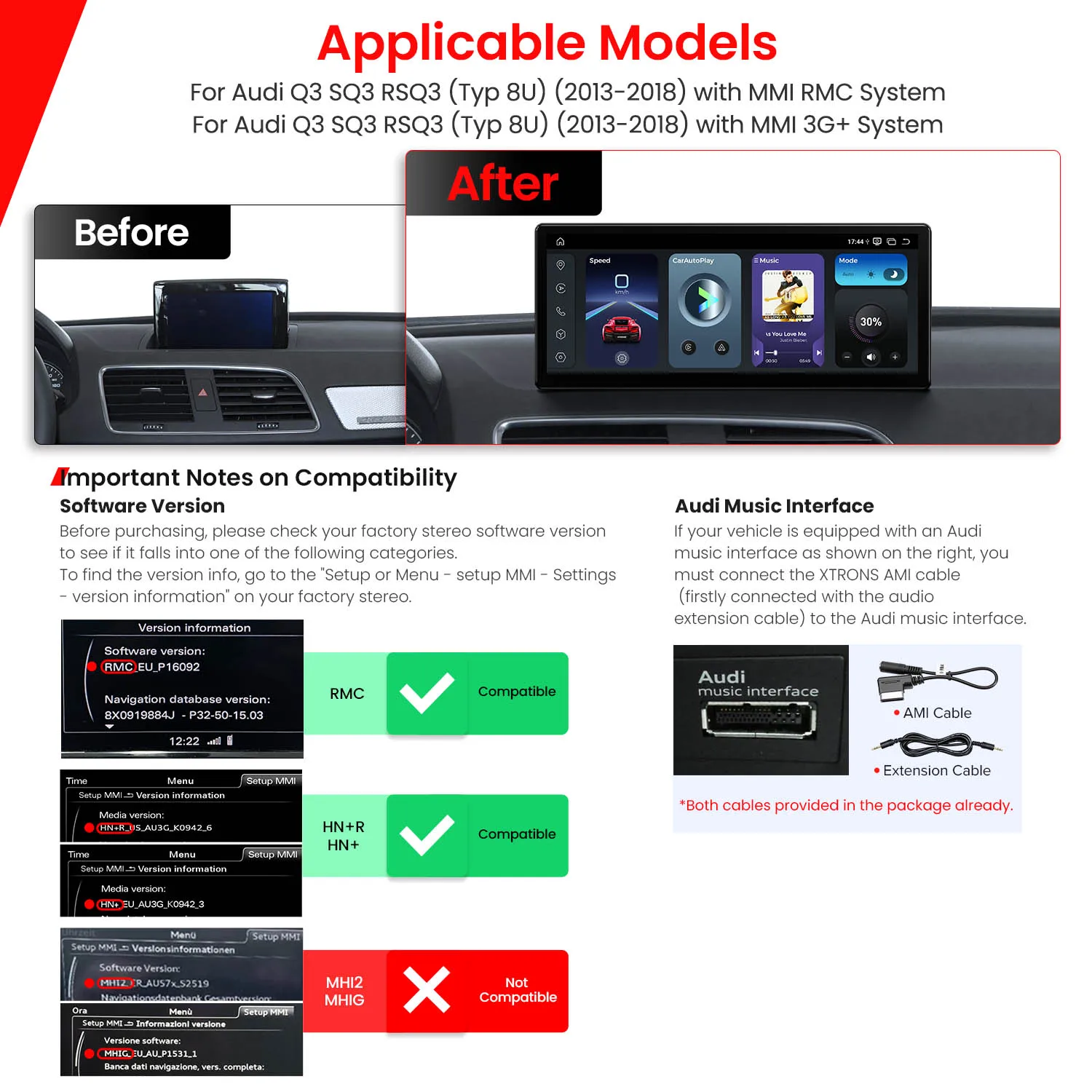 XTRONS 12.3'' Android 14 Car Radio For Audi Q3 QS3 RSQ3 2013 -2018 CarPlay Auto GPS Qualcomm Octa Core 4+64G 2400*900 Resolution