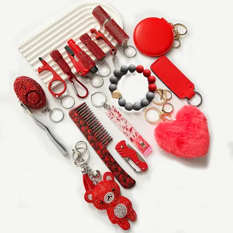 15Pcs/Set Rhinestone Self Defense Women Keychains Personal Safety Multifunction Protection Keychains With Alarm Mirror Pompoms