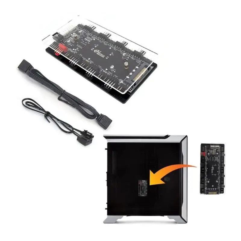 R53C RGB Convertor 12V ADD-RGB to 5V ARGB Transfer Hub Fan Hub Control 4PWM Fan Speed Supports Fan with 3Pin/4Pin Cooling