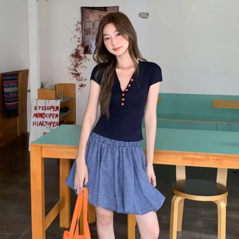 

Korean Style Gentle Polka Dot Slanted Neck Off Shoulder Short Sleeved T-Shirt for Women 2026 Summer Slim Fit Cotton Short Top