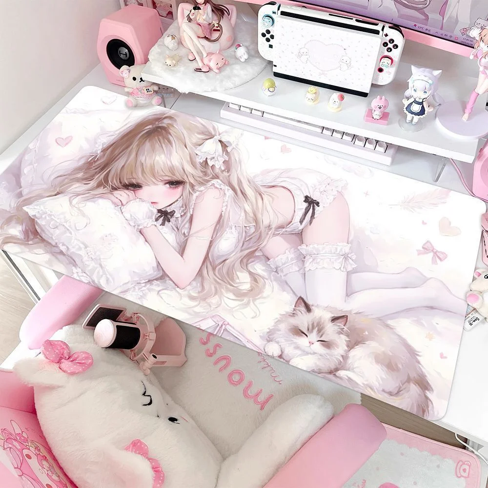 Korea Sexy Skirt Girl Kitten Kawaii Lace Leather Desk Pad Protector Y2K Mouse Pad Office Desk Mat Non-Slip PU Desk Blotter Pad