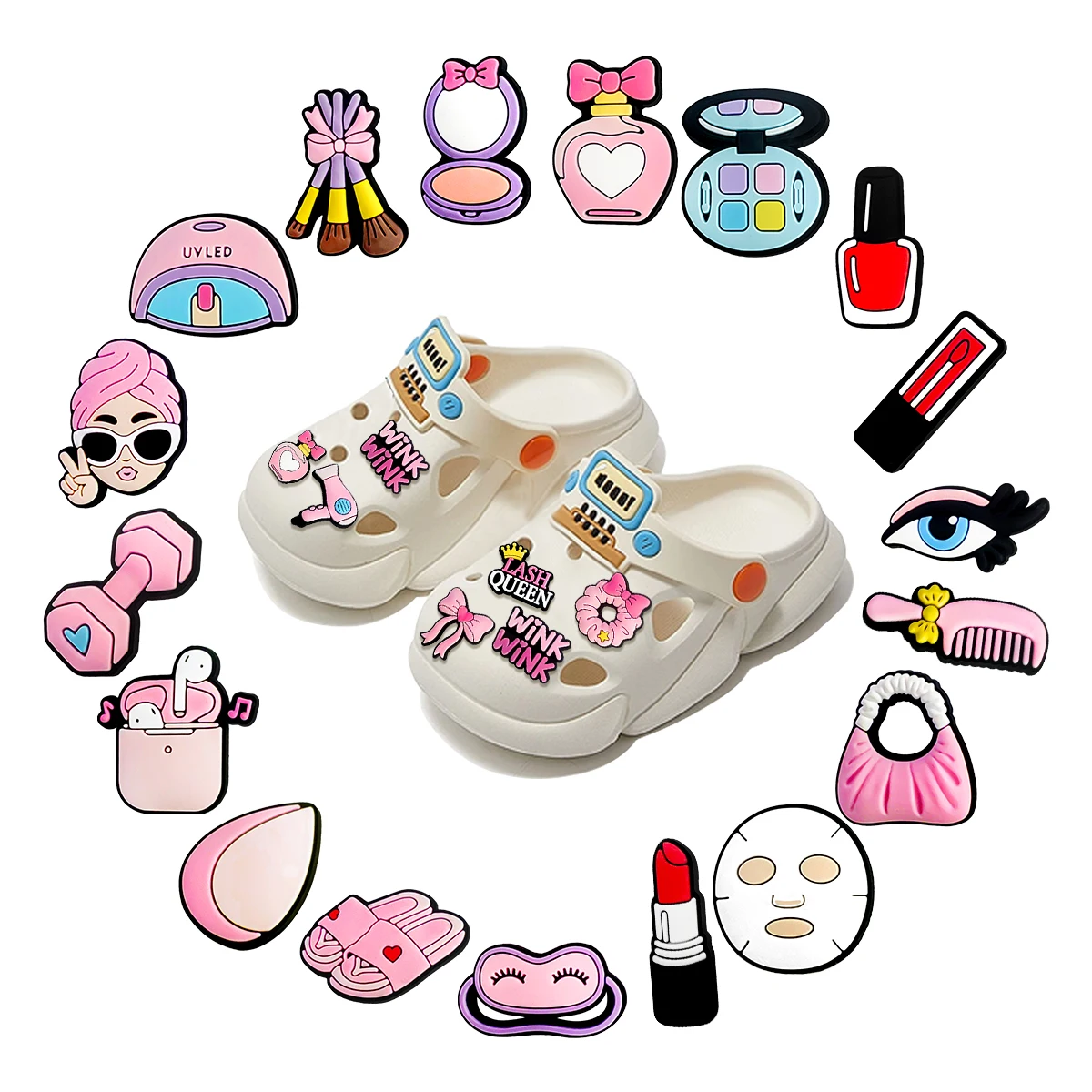 25-100pc Cute Makeup Theme Shoe Charms, Pink Bow Cosmetic PVC Decorative Charms for Clogs Sandals, DIY Shoe Ornament Accessories