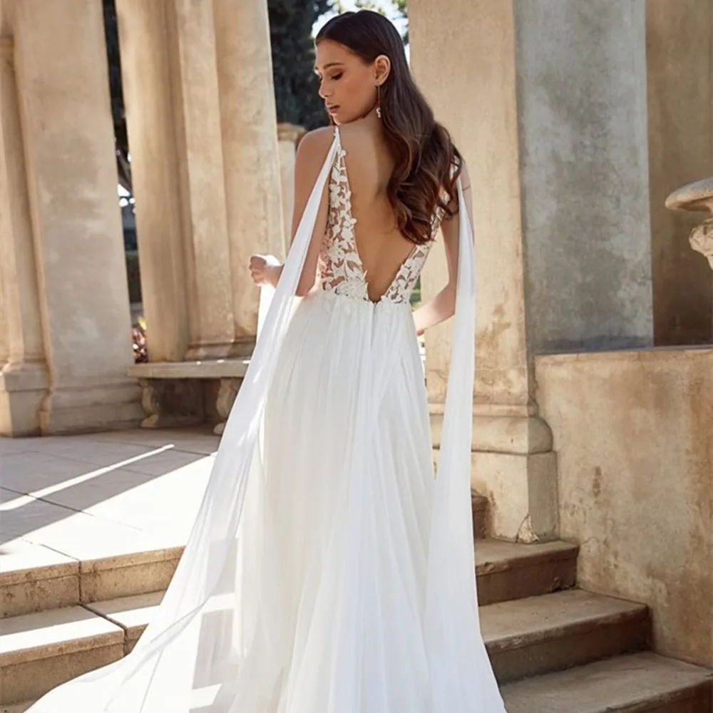 Lovefur s-Robe de mariée en mousseline de soie à col en V profond, appliques en fibre de dentelle, robe de mariée dos nu avec fermeture éclair, robe de plage sexy