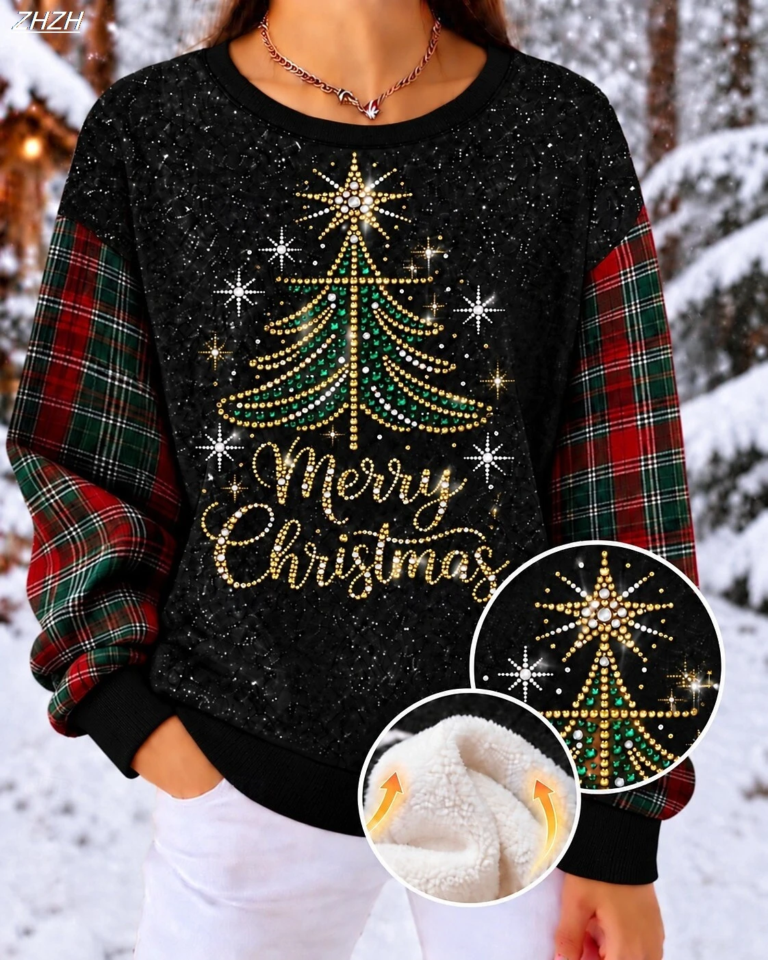Soft Fleece Lined Xmas Family Party Rhinestone Christmas Tree Print Sweatshirt