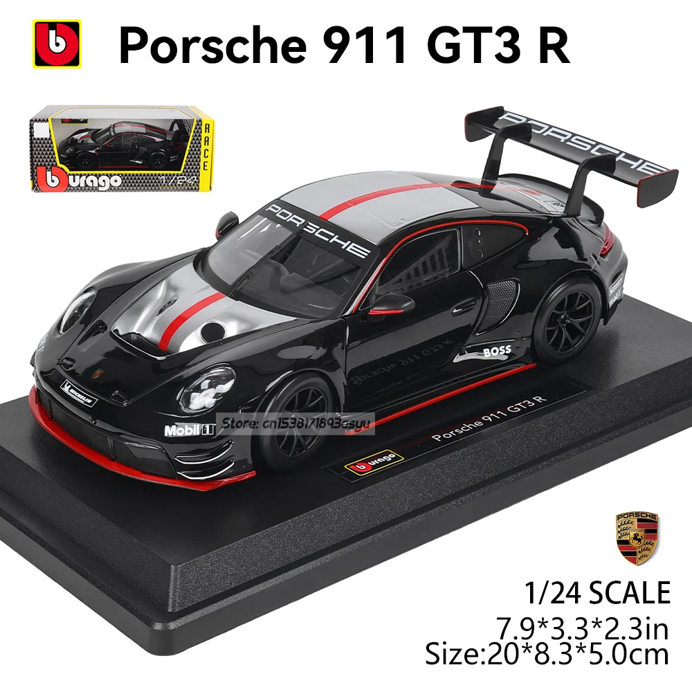 

Модель автомобиля Bburago 1:24, черный Porsche 911 GT3 R, гоночная версия, литая под давлением, из сплава, в стиле ар-деко, игрушка, подарок, авторизация производителя