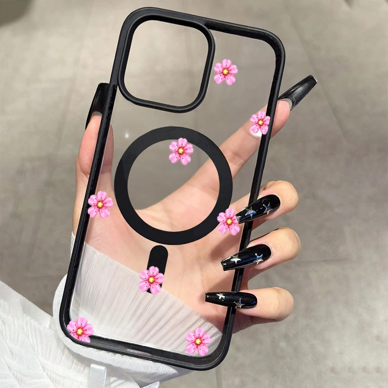 Magnetic Clear Phone Case for Samsung Galaxy S26 Ultra S25FE S24 S23 Plus A07 A17 A37 A57 A56 A55 Cute Pink Floral Pattern Cover