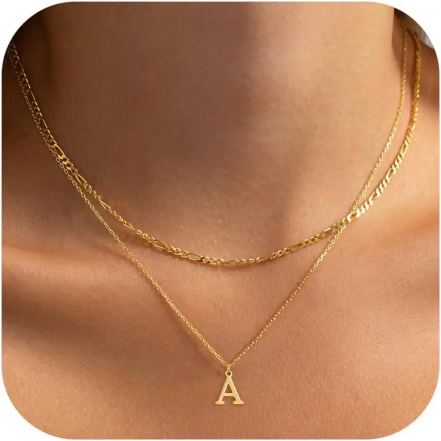 

Dainty Layered Initial Letter Pendant Necklace Cute Figaro Chain Choker Personalized Trendy Jewelry Stack Gift for Women