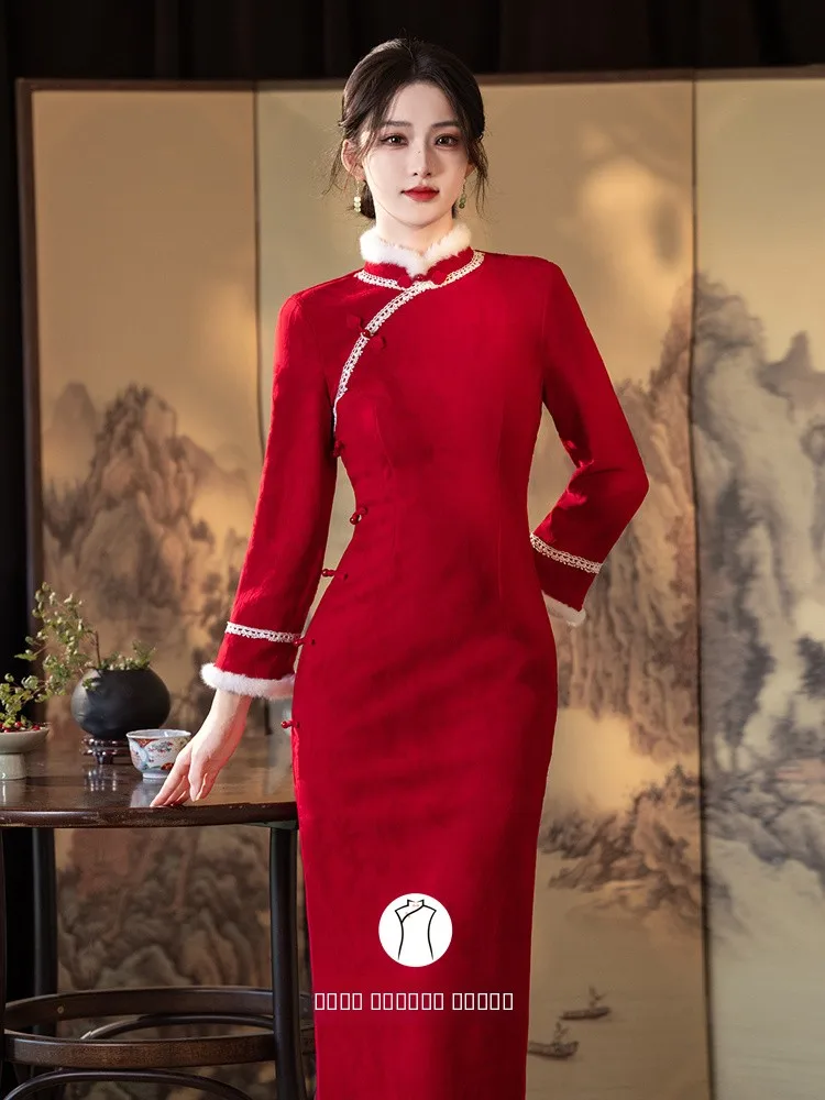 

Красное пальто с флисовой подкладкой, новая китайская коллекция, свадебное, зимнее, с низким разрезом, длинными рукавами, гарантированное тепло