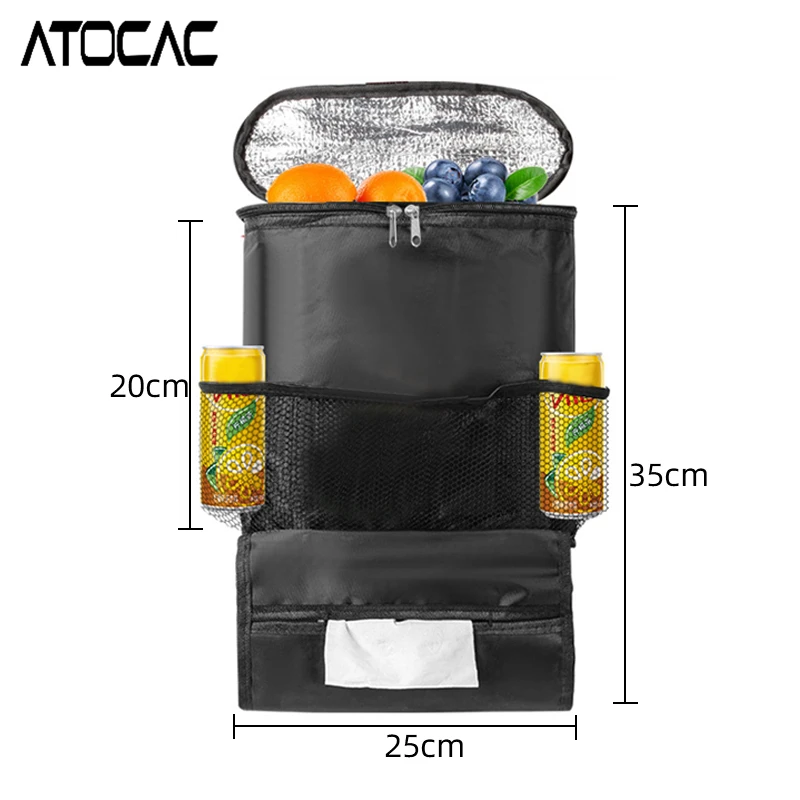 حقيبة تعليق خلفية لمقعد السيارة، منظم حراري معزول مع جيوب شبكية، موزع مناديل ورقية، تخزين عالمي للسفر في السيارة #6