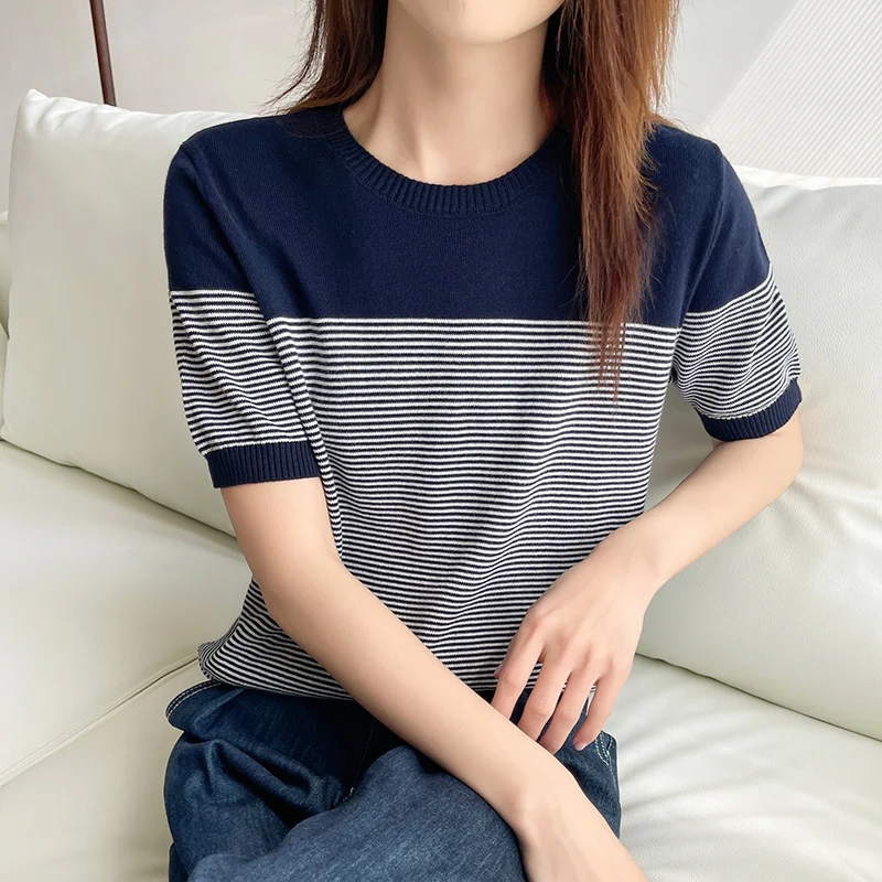 Women\'s T-Shirt Summer 100% Cotton Sweater Short Sleeve Striped Knitted Round Neck Ladies Tops Loose Blouse Pullover Tees