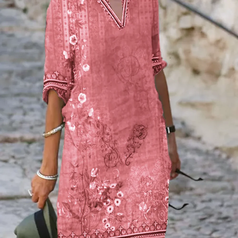 Womens Summer Bohemian Dress Floral Print V Neck Short Sleeve Casual Maxi Dresses Loose Fashion Holiday Beach Outfits