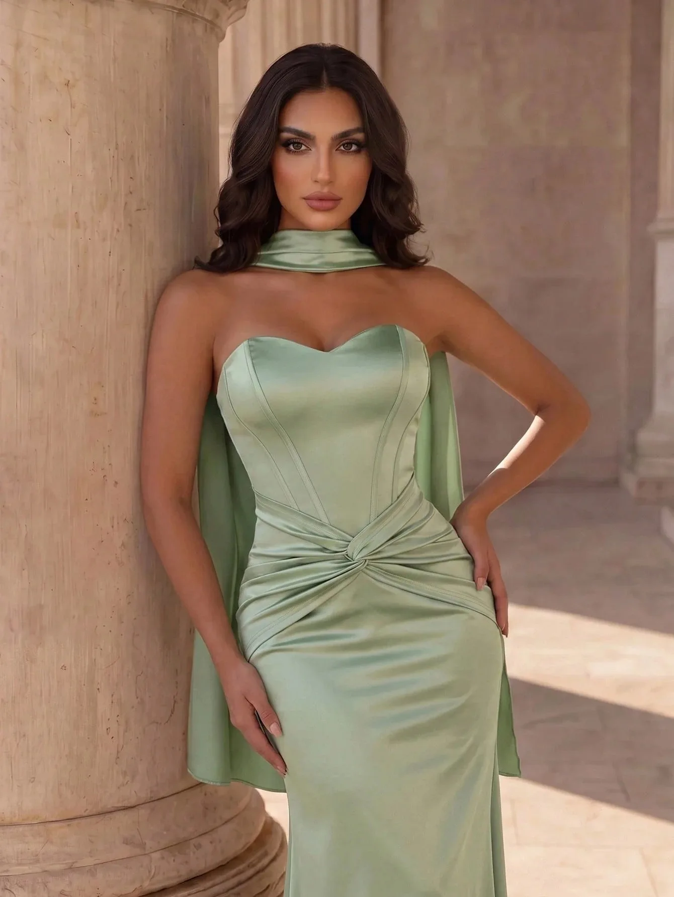 Elegant Strapless Mermaid Dresses Satin Sweetheart Corset Knotted Waist Neck Sash Long Evening Wedding Guest Party Dress