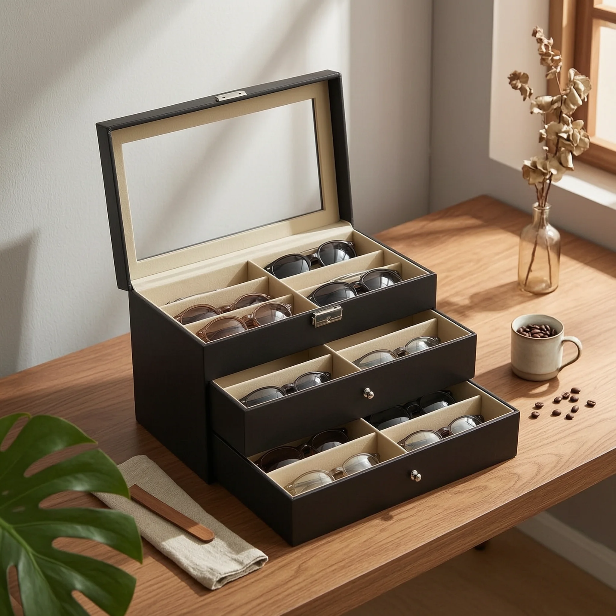 Eyeglasses Box with Mirror 18-Slot Sunglasses Organizer Eyewear Organizer Hard-Shell Sunglasses Holder Textile Lined