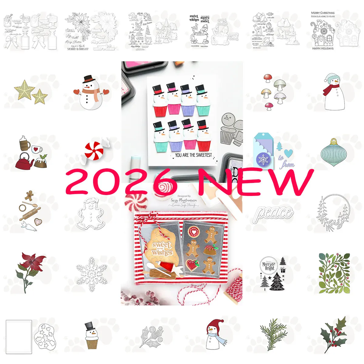 

Christmas Snowman Gingerbread Holiday Candy Hot Cocoa Festive Holly Pine Branch Clear Stamps Dies Set for Card Making Scrapbook