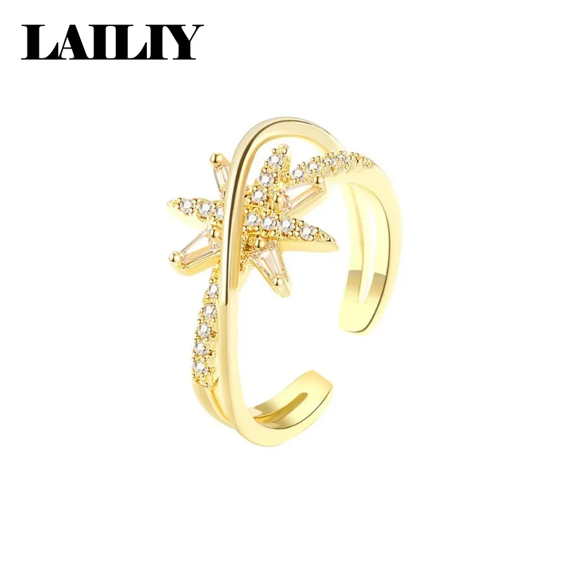 LAILIY925 Sterling Silver 18KGold Gift Wedding Diamond Double layer Eight pointed Star Adjustable Ring for Women Fashion Jewelry