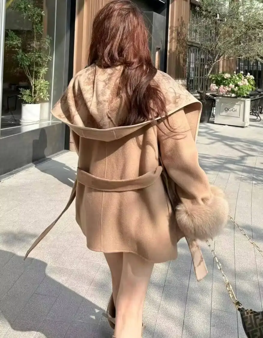 

Wool Blend Coats Womens Woolen Coat Cotton Added Autumn Angora Houndstooth Double-Breasted Button-Up Cropped Waist-Fitted Flared