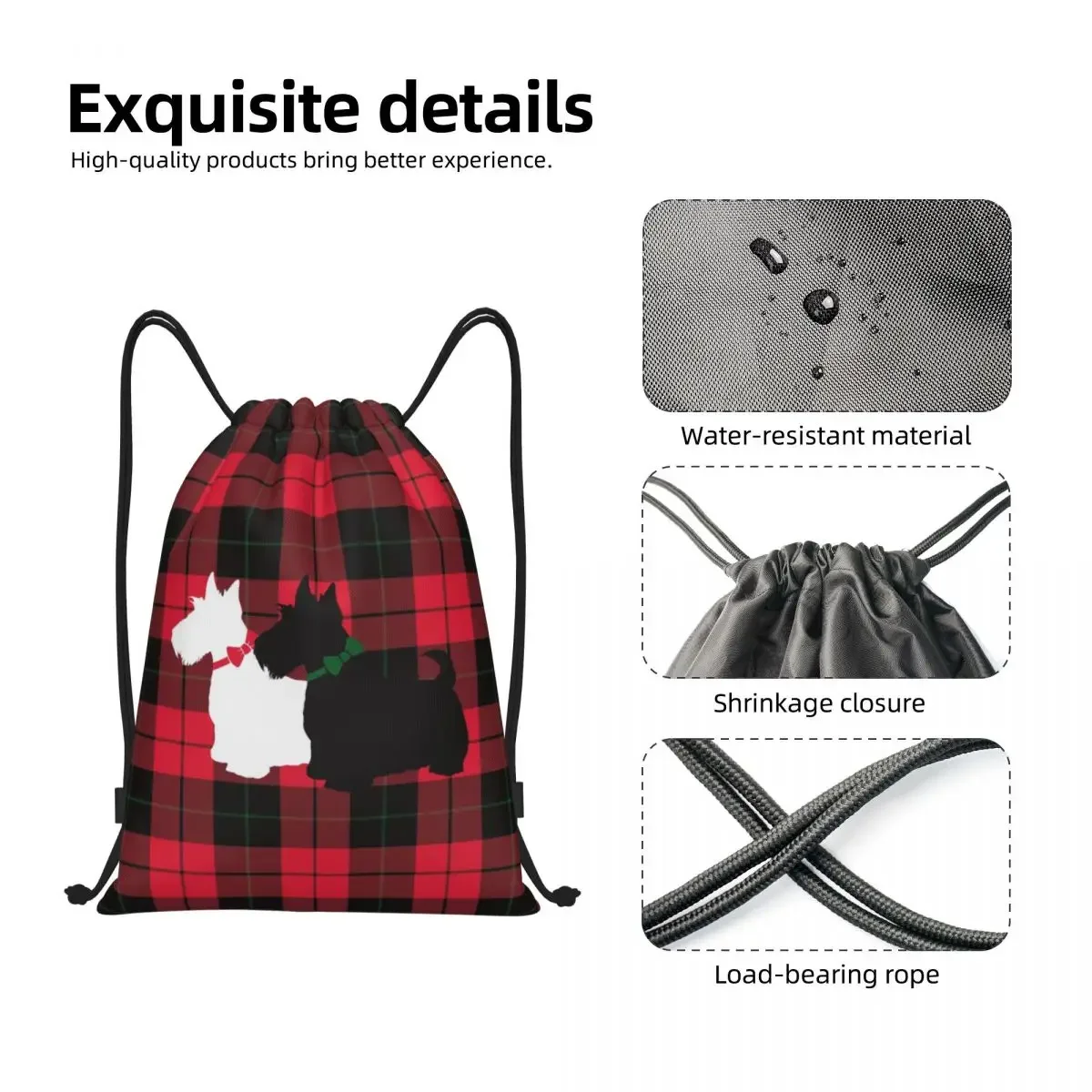 Vogue Tartan Scottie borsa con coulisse per cani uomo donna pieghevole palestra sport Sackpack zaini da allenamento scozzese Terrier