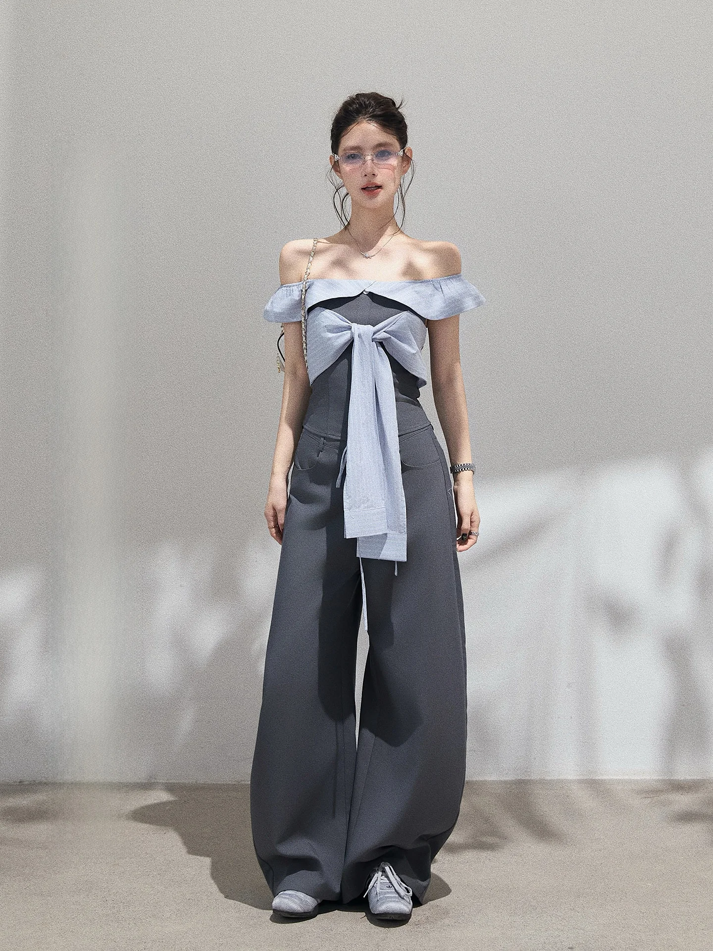 High Waist Wide Leg Suit Pants Set with Shoulder Bows Long Length Casual Style Women's Fashion Chinese Brand THROUs