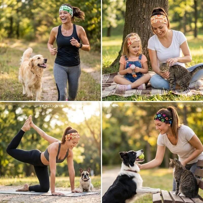 Cat Dog Mom Paw Print Wide Headband for Women Elastic Soft Sweatband Pet Lover Letter Print Hair Sports Daily Hair Accessories