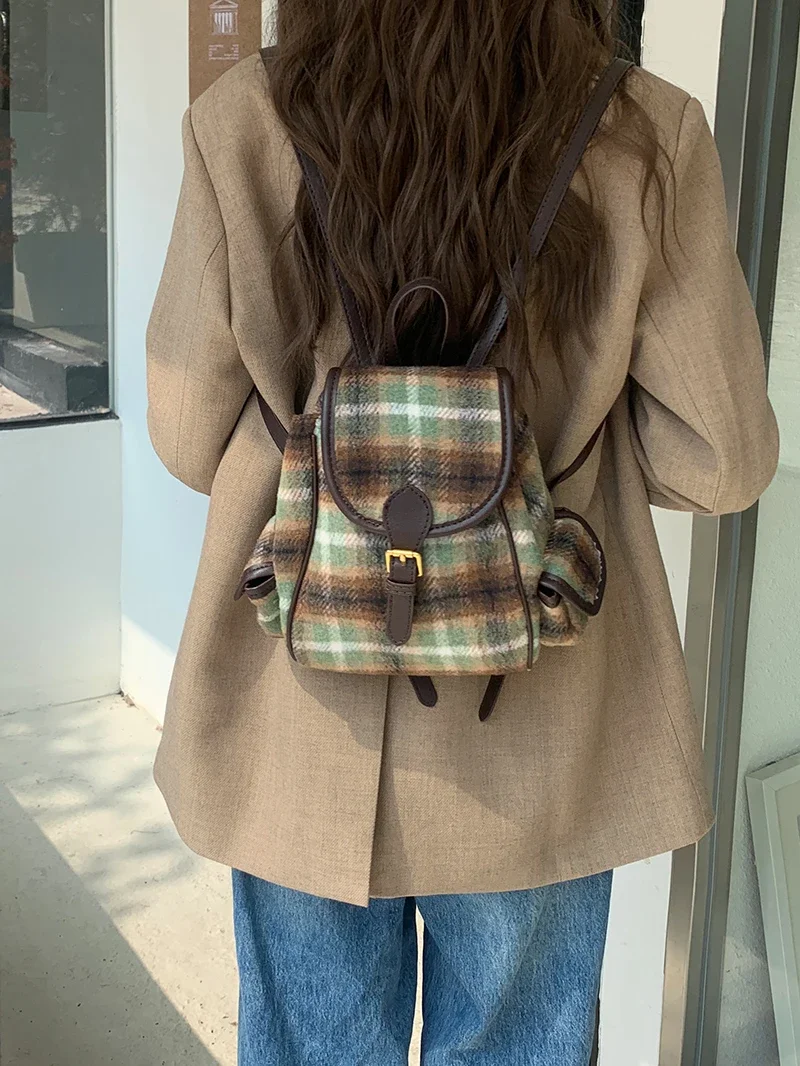 Vintage Woolen Plaid Backpack for Women Retro College Girls Mini Knapsack Portable Double Shoulder Bags Female Travel Handbags