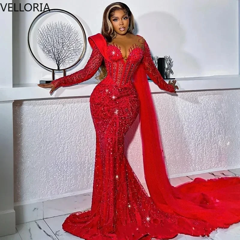 

Красное блестящее вечернее платье русалки с длинным рукавом и бисером, накидка со шлейфом, торжественное платье для выпускного вечера, платье больших размеров для свадебной вечеринки, знаменитости на заказ