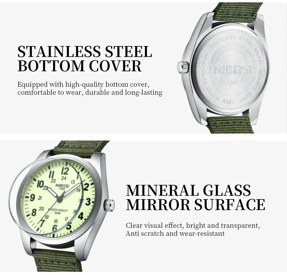 NIBOSI Unisex Military Watches Sport Textile Nylon Strap Stylish Men Watch Luminous Fashion Waterproof Analog Quartz Watches