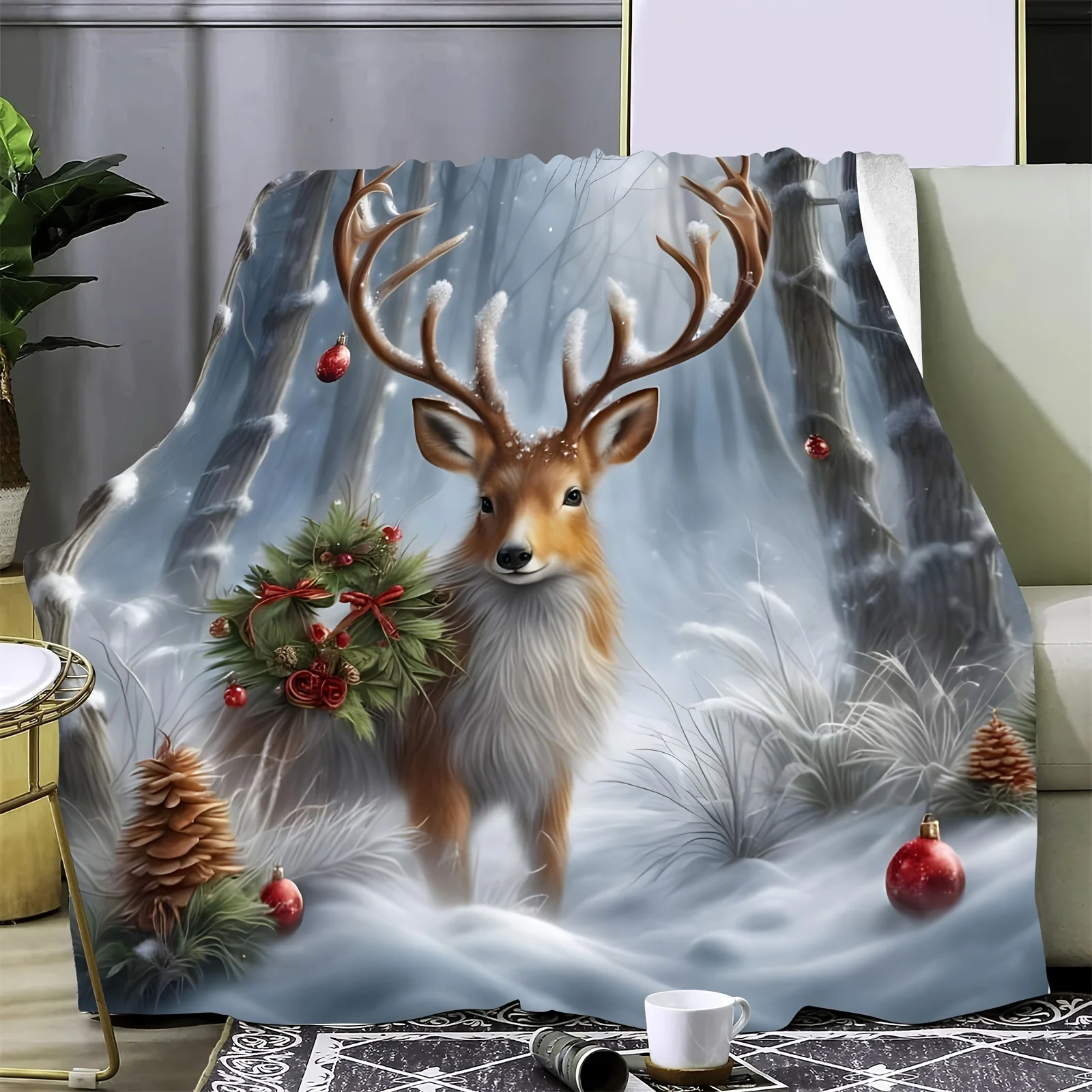 A Single Ultra-Soft Flannel Sheet Featuring a Christmas Elk Design, Ideal for Use on Sofas Or in Bedrooms, Makes a Great Gift. I