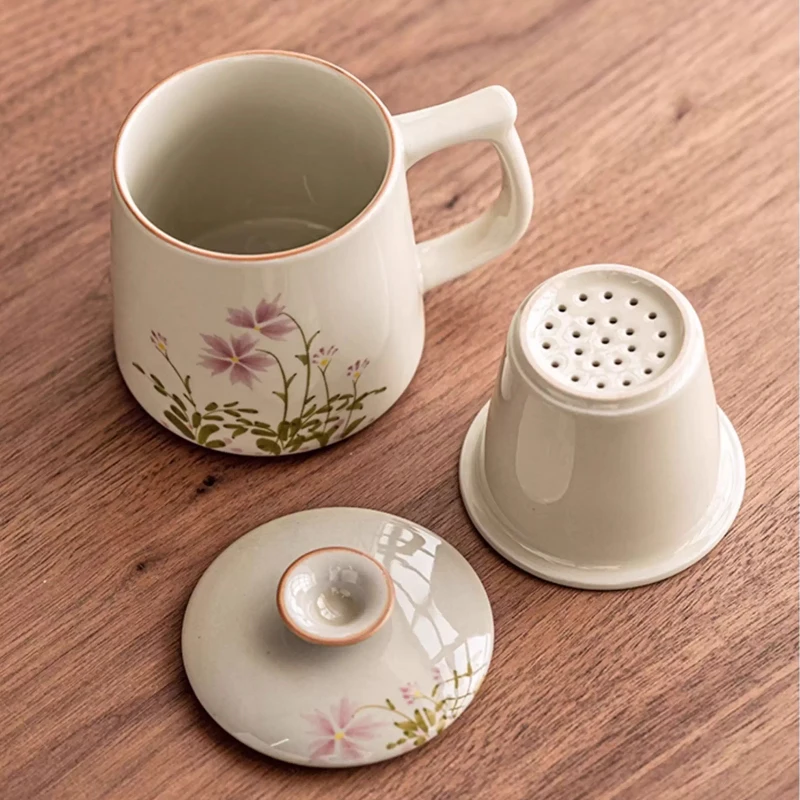 كوب تصفية وفصل الشاي بنمط الأزهار على الطراز الصيني، مع غطاء كوب بورسلين أبيض، كوب مكتب سيراميك لأدوات الشرب، قطعة واحدة #4