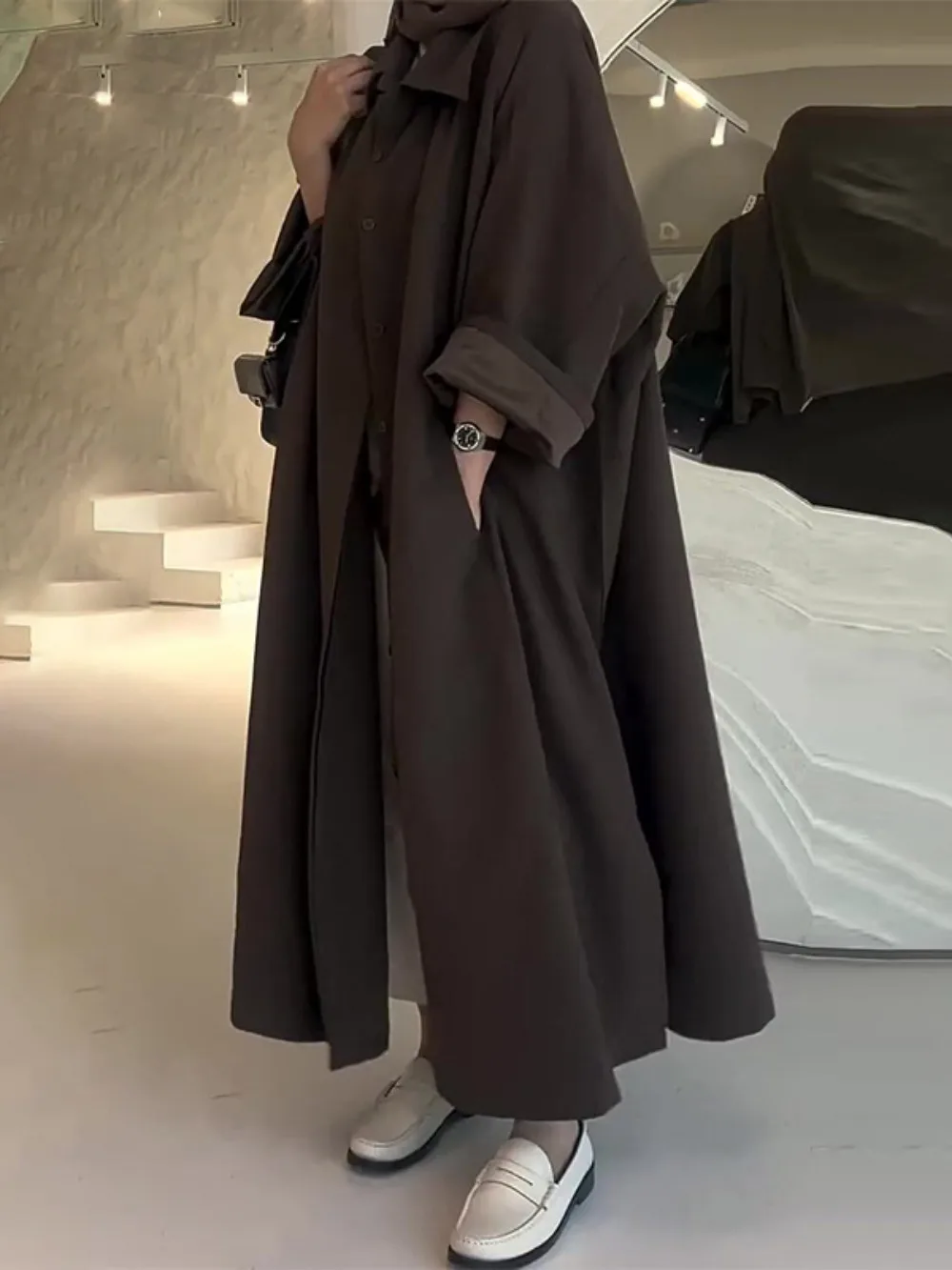 Eid มุสลิมผู้หญิง Abaya Trench Coat Single Breasted Lapel Overcoat Ramadan โมร็อกโกดูไบ Windbreaker อาหรับลําลองยาว