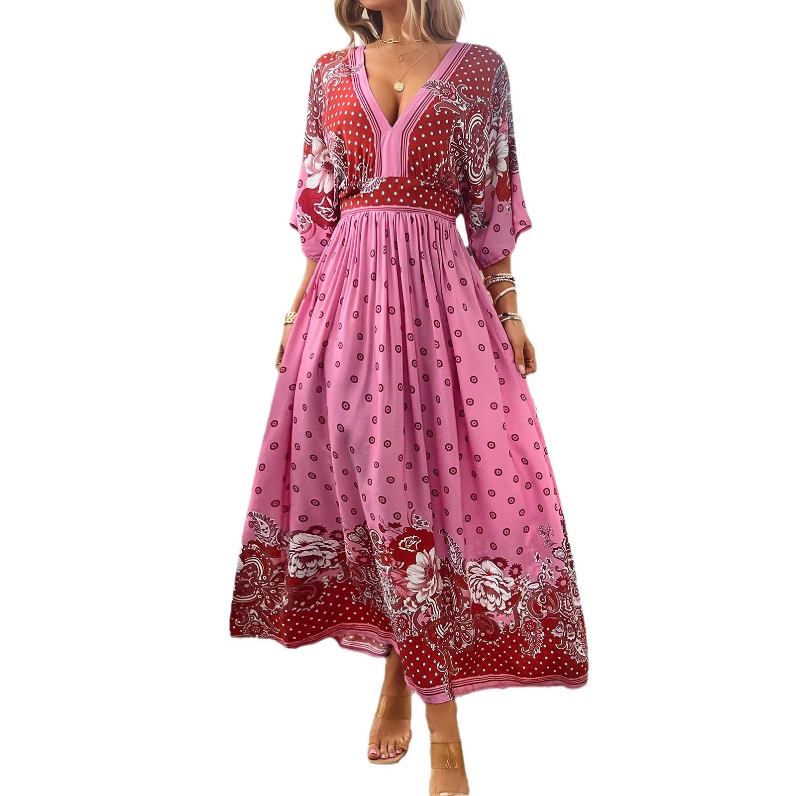 

YEAE Printed V-Neck Swing Long Floral Tribal Ethnic Half Sleeve Loose Belt Women's Dress Bohemian Style Vacation Holiday Dresses
