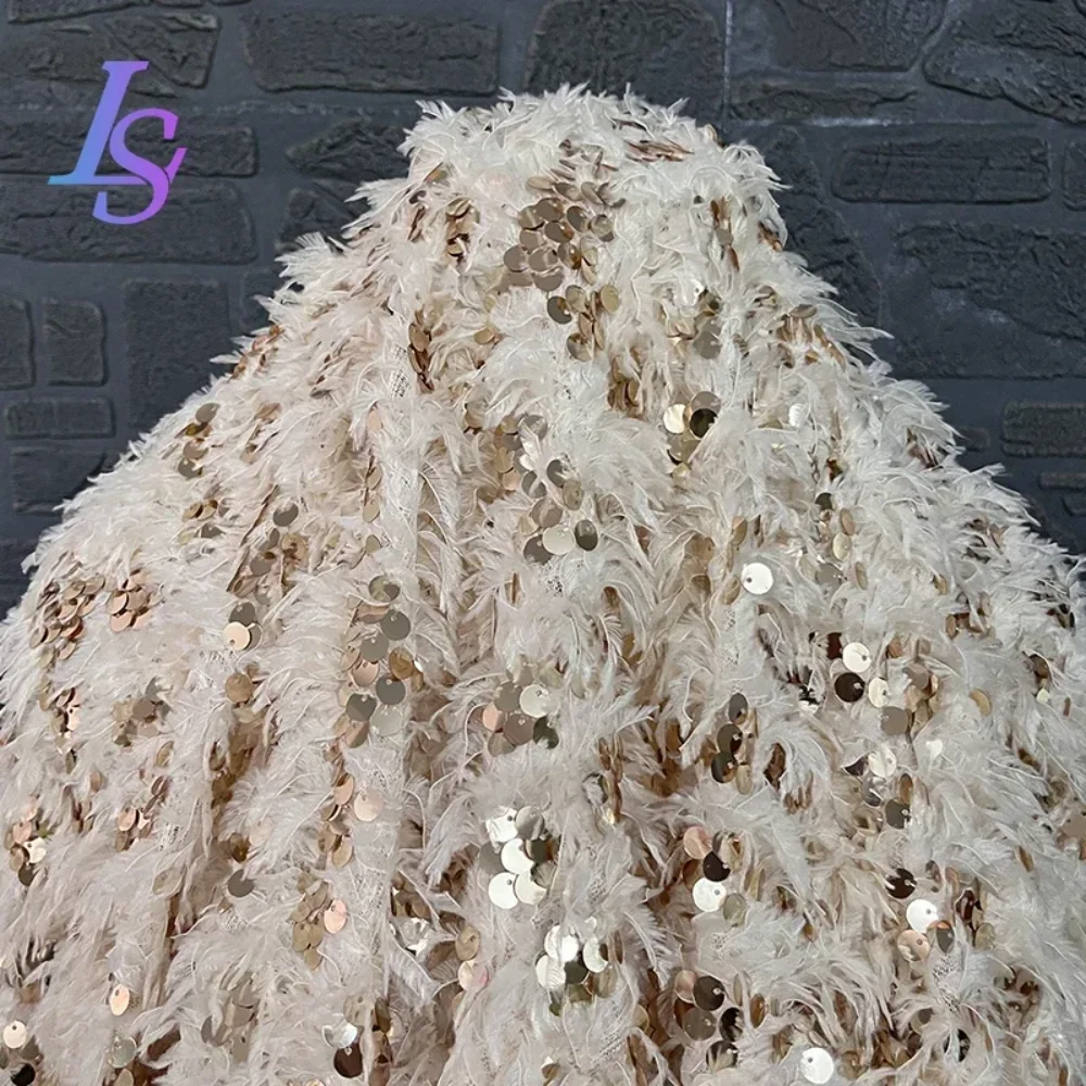 

Off White Feather Sequin Embroidered Fabric for Soft Dresses Tops Camisoles Designer Fabrics Apparel Diy Sewing Cloth Per Meter