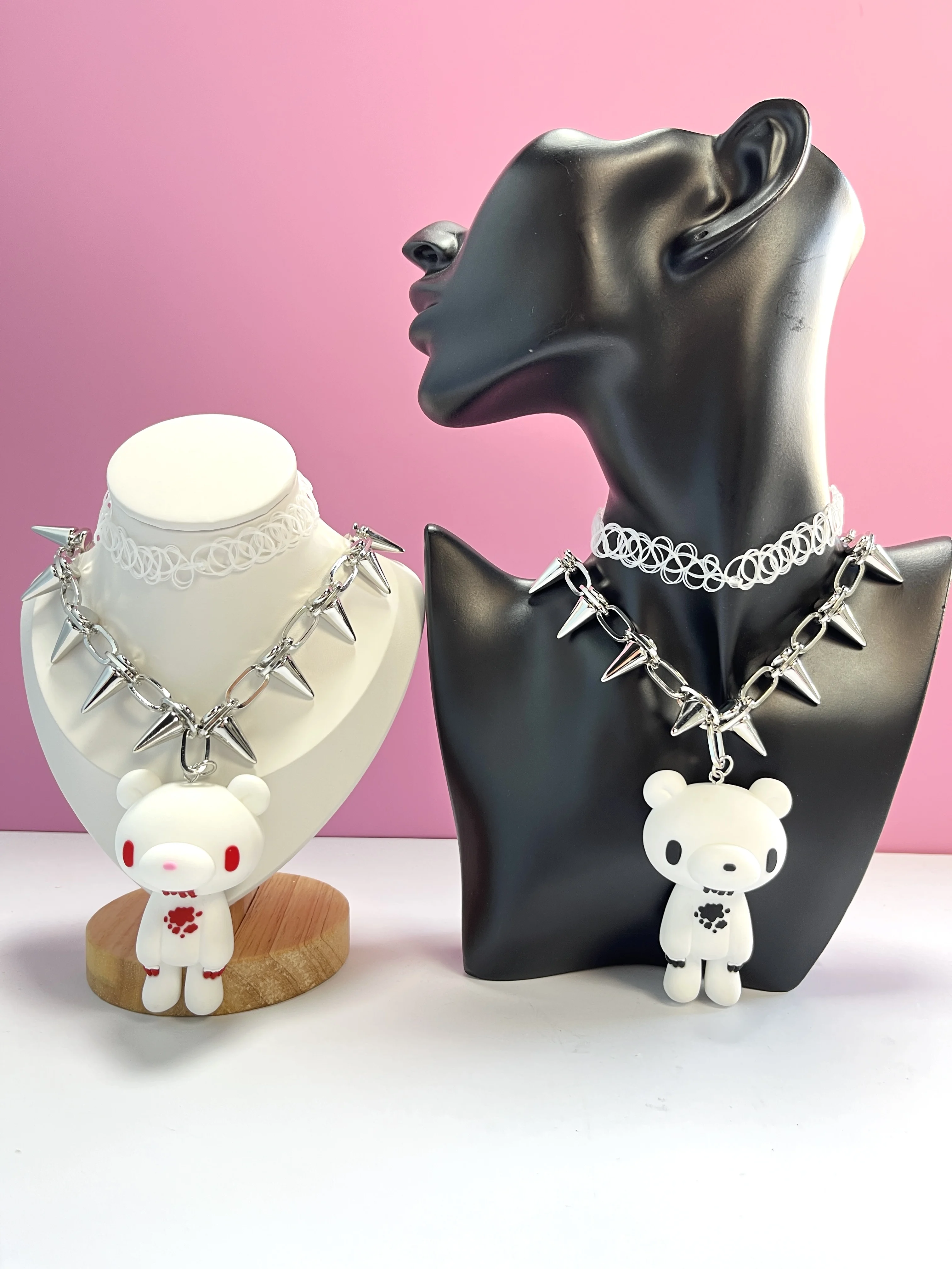 Goth Spiked Choker Necklace for Women E-Girl Y2K Jewelry Pink Black White Gloomy Bear Pendant Grunge Aesthetic Emo Drop Shipping #4