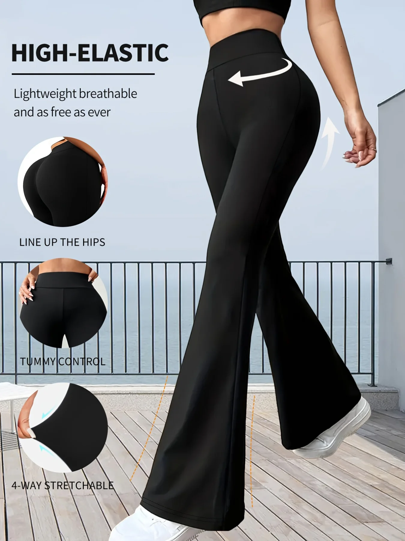 

2026 Fall Launch Black Women's High Waist Floor-Length Flare Pants Matte Finish Non-Sheer Stretchy Casual Day Out Trousers