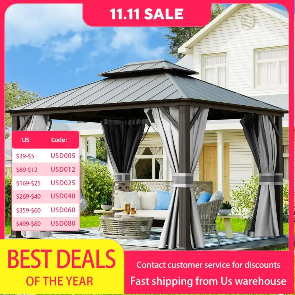 gazebo10 x12Hardtop Gazebo, Galvanized Steel Double Roof Permanent Aluminum Gazebo, Outdoor Metal Pergolas with Mosquito Netting