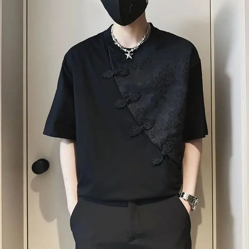 Men's Jacquard Patchwork T-shirt 2026 New Chinese Style Knot Button T Shirt Casual Tee Man Short Sleeves Top Loose T-shirt 5XL