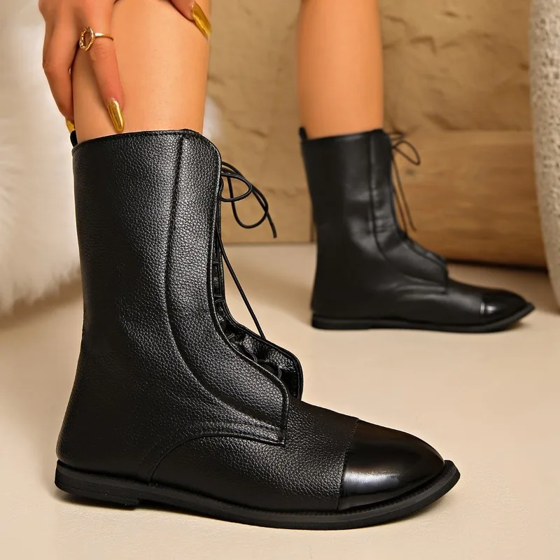 2026 New Women's Autumn Plus Size British Style Mid-Calf Pointed Toe Slim Fit Single Boots Outdoor Fashion Motorcycle Boots
