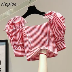 Neploe 2024 Summer Korean Slim Fit High Waist Short Shirt Vintage Stripe Bow Zipper Puff Sleeve Blouses Femme Chic Sweet Blusas